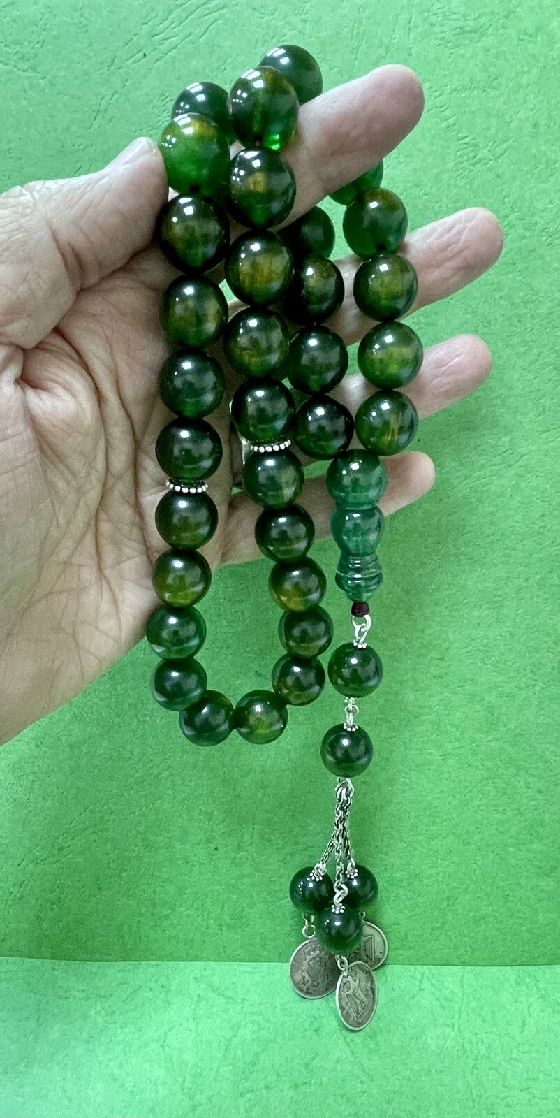 Antique Old Stardust Green Amber bakelite islamic Worry prayer 33 beads 105g R8