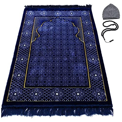 Modefa Turkish Velvet Prayer Rug – Free Kufi & Beads – Floral Stamp Ipek Blue #2