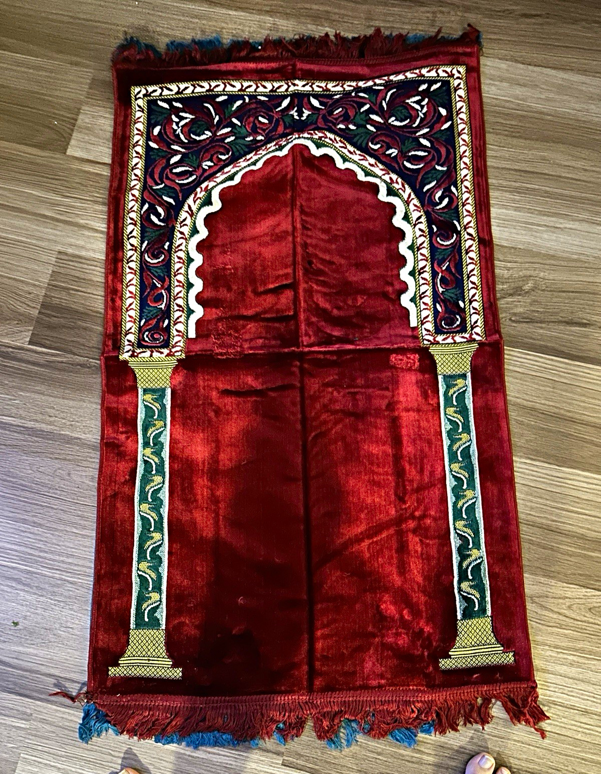 Red Islamic Prayer Rug with Mihrab Arch Design, Columns and Fringe