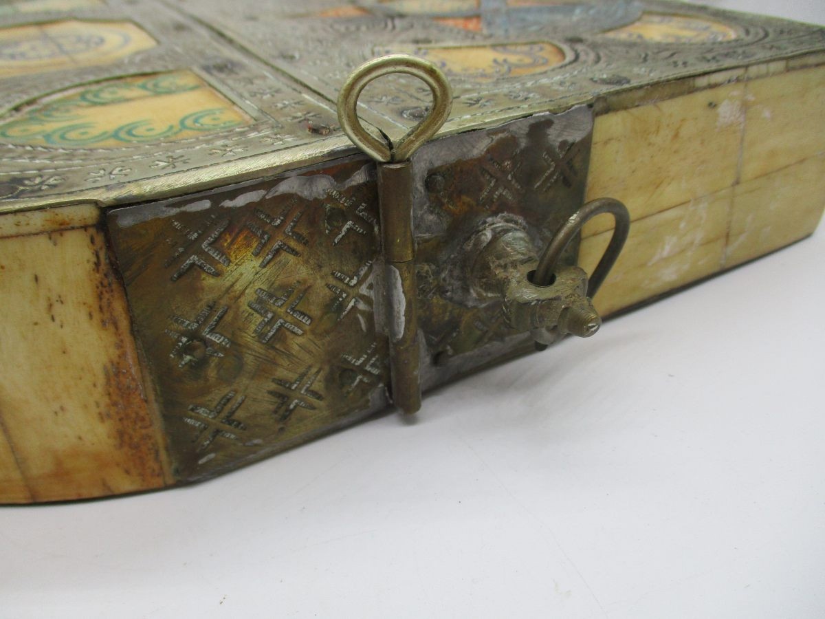 Antique 19th Century Moroccan Camel Bone Brass Berber Book Container Travel Case