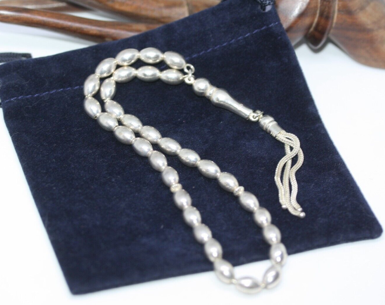 Islamic Ottoman Sterling Silver Tasbih Praying Rosary Worry Bead Tesbih 14″ 35CM
