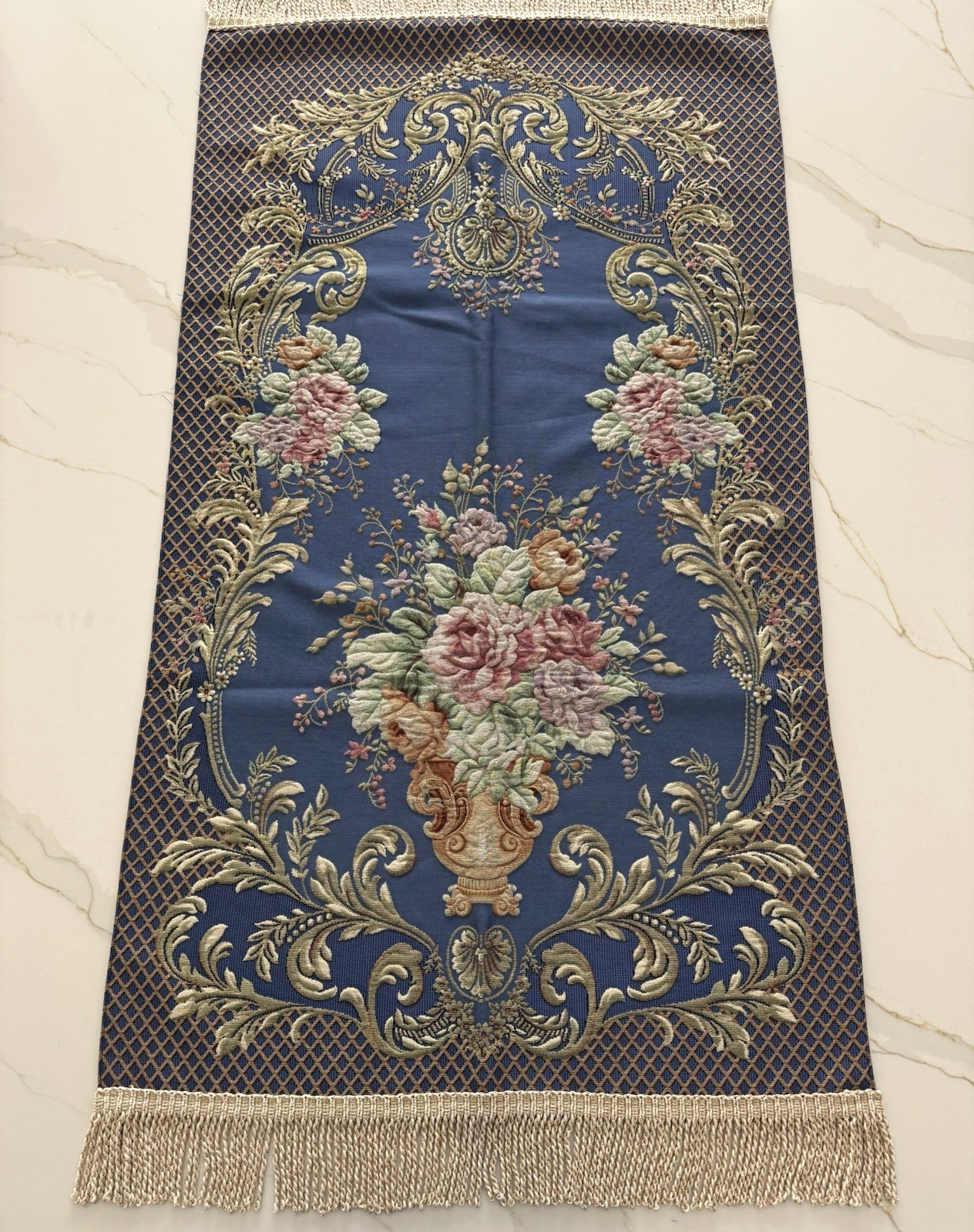 Elegant Blue Floral Janamaz 48×26 , Turkish Silk Viscose Prayer Rug gift