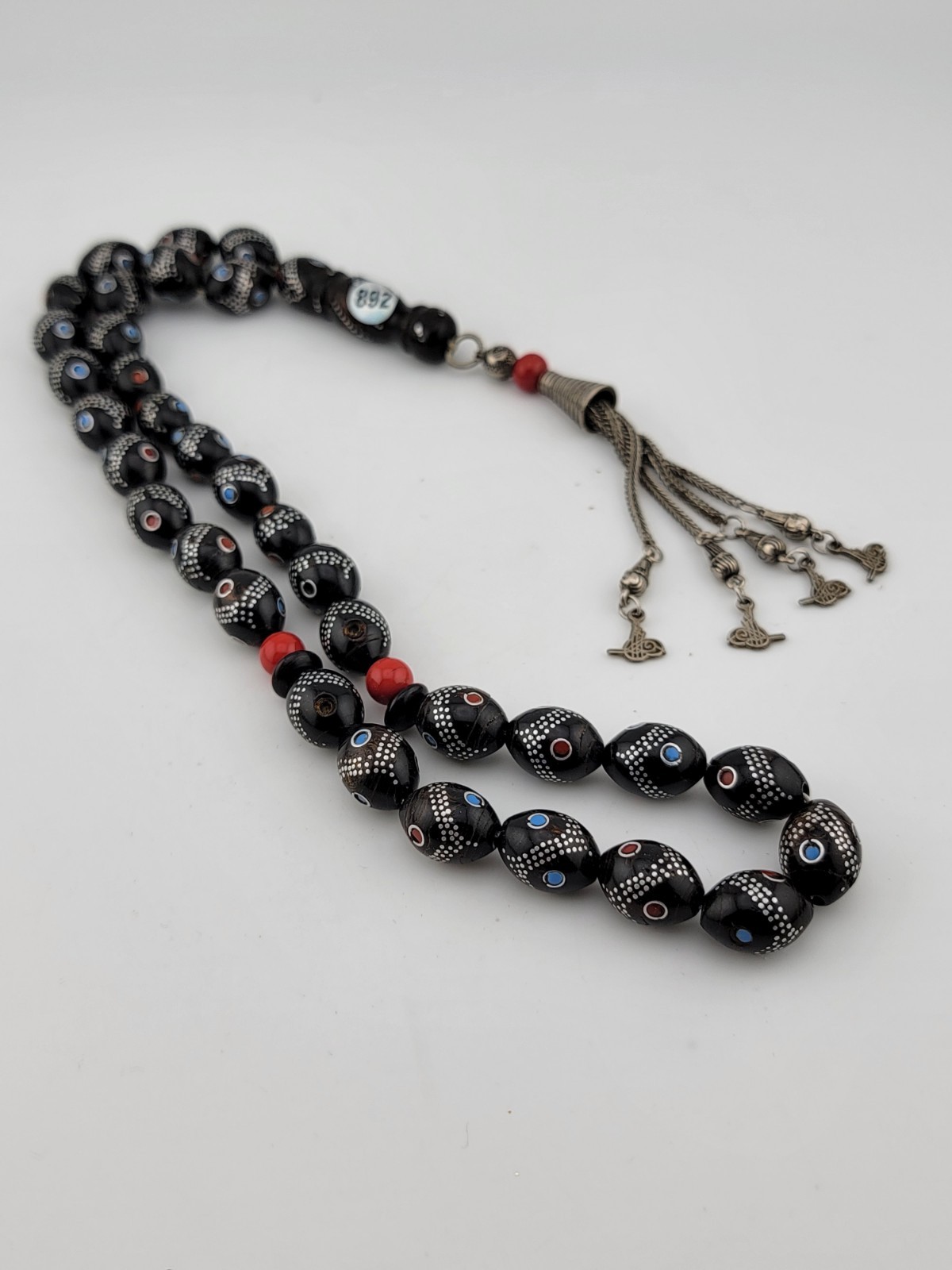 Vintage Black Coral Red Coral ,Turquoise In Lay Worry Beads Islamic Yusr Masbaha