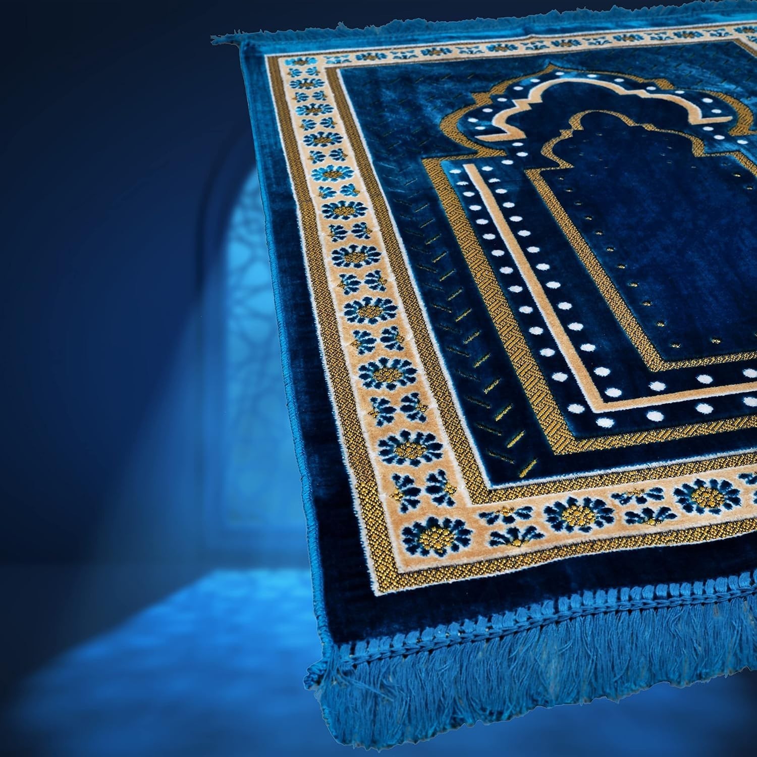 Soft Velvet Islamic Prayer Rug Mat – Gilded Embroidery, Beads, Ramadan Gift for