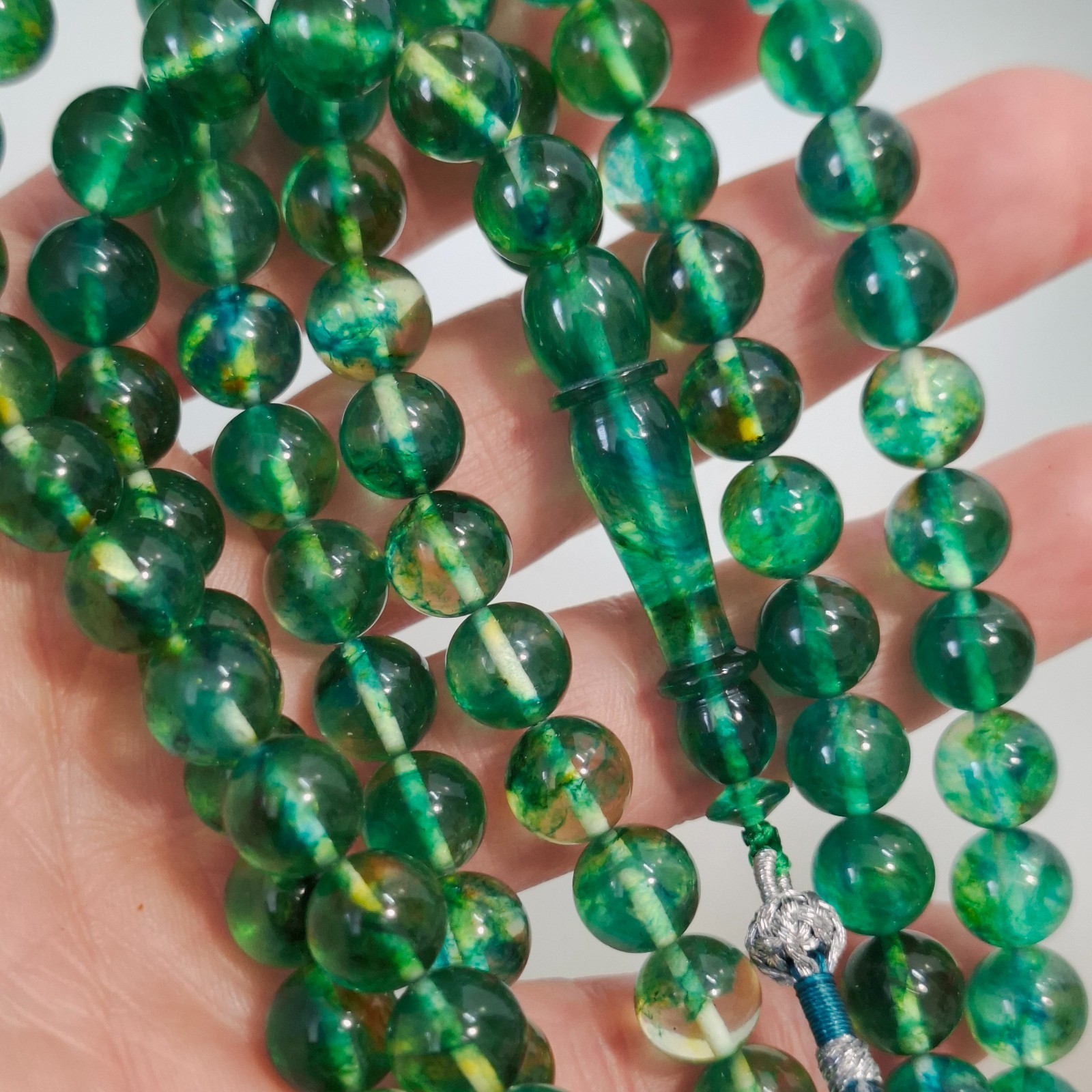 Amber Rosary – 99 sphere Beads, 8.7 mm, Green Amber Rosary 38gram Pressed amber