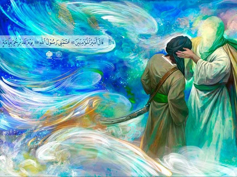 روزِ غدیر امیرالمؤمنین علیہ‌السلام کے سر پر  عمامۂ پیغمبرصلی‌اللہ‌علیه‌وآلہ